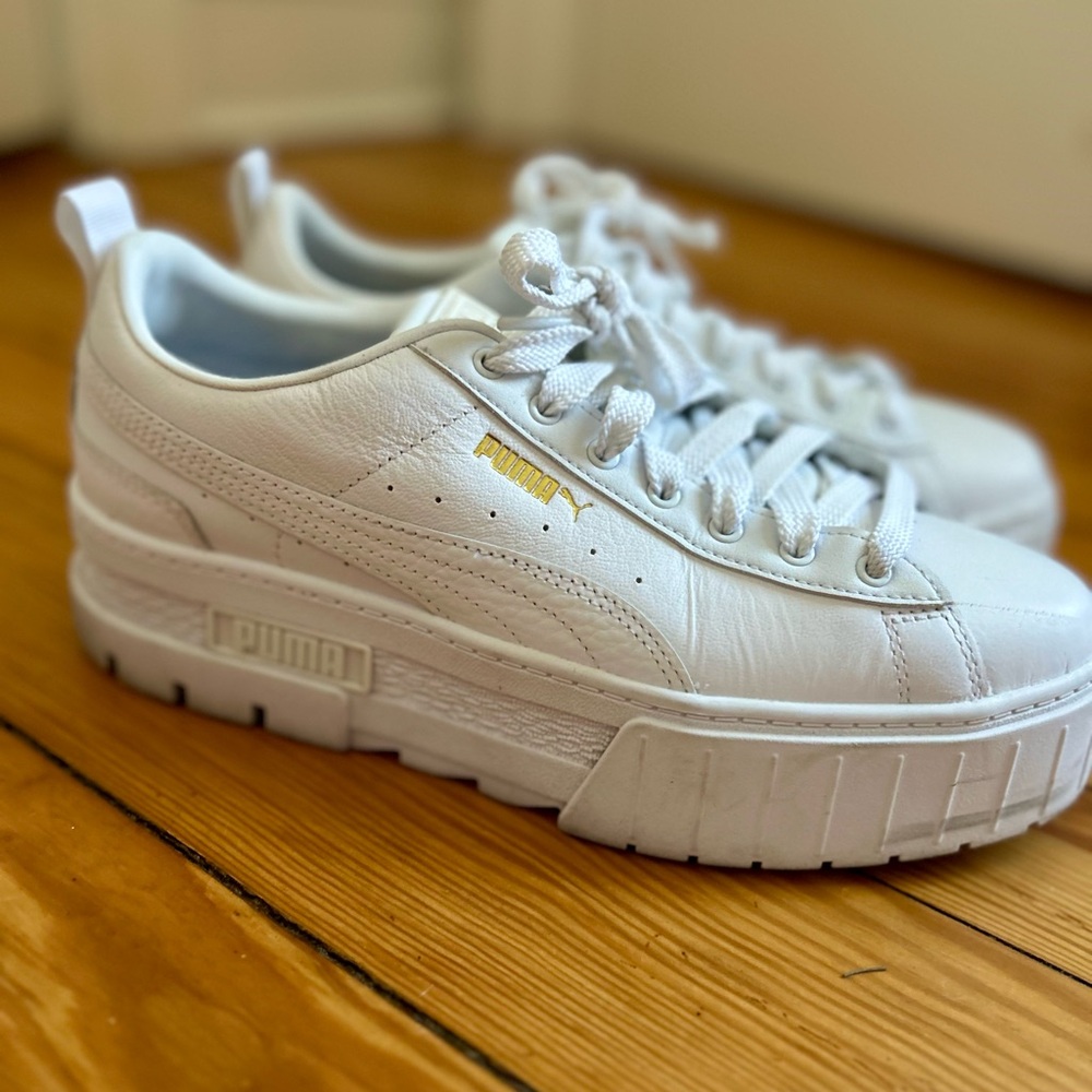 Puma White and Gold Platform Sneakers Size 10
